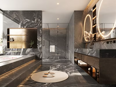 Modern Luxury Bathroom Interior with Marble Bathtub Double Vanity Round Mirror Golden Accents 3d model