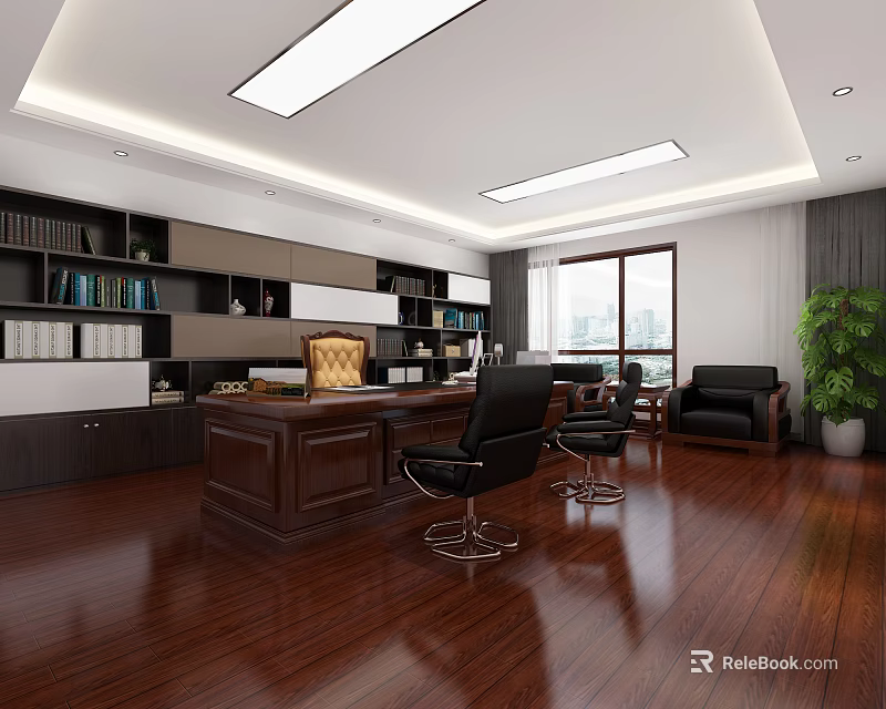 Modern Office Interior With Wooden Desk Leather Chairs Bookshelves Large Windows And Natural Light 3d model 