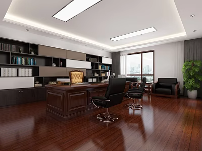 Modern Office Interior With Wooden Desk Leather Chairs Bookshelves Large Windows And Natural Light 3d model