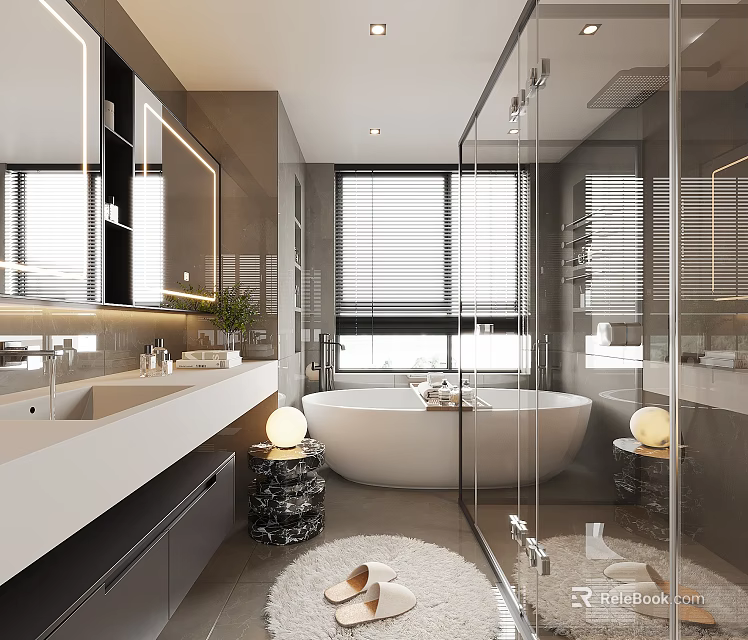 Modern Luxury Bathroom Interior Design With Freestanding Bathtub Glass Shower Enclosure And Spacious Vanity Counter 3d model 