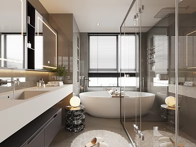 Modern Luxury Bathroom Interior Design With Freestanding Bathtub Glass Shower Enclosure And Spacious Vanity Counter 3d model
