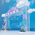 Event Entrance Arch With Rainbow Decoration Clouds Green Plants Transparent Material And Blue Sky Background