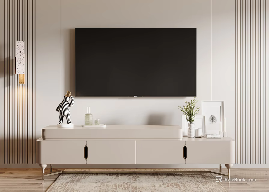 TV Mounted Above Modern Light Colored TV Stand With Storage And Decorative Items 3d model 