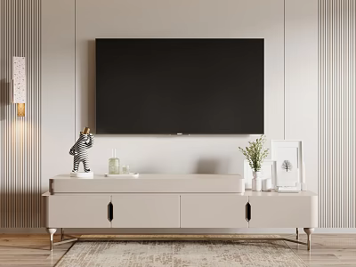 TV Mounted Above Modern Light Colored TV Stand With Storage And Decorative Items 3d model