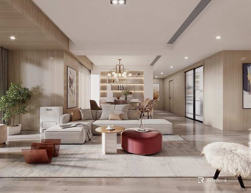 Modern Open Plan Living Dining Room Interior With Sofa Coffee Table And Chandelier 3d model