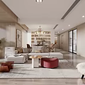 Modern Open Plan Living Dining Room Interior With Sofa Coffee Table And Chandelier 3d model