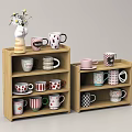 Dinnerware Set With Various Patterned Mugs Displayed On Wooden Shelves For Home 3d model
