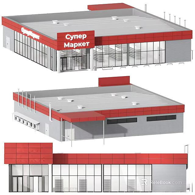Cynep Market Storefront Exterior With Red Roof Glass Windows And Multiple Perspectives 3d model 