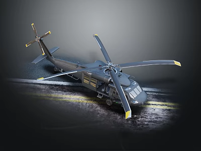 Helicopter with dark body and yellow tipped rotors parked on road with yellow double lines 3d model