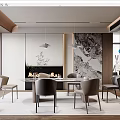 Modern Dining Room Interior With Dining Table Chairs Fireplace Pendant Lights And Marble Wall