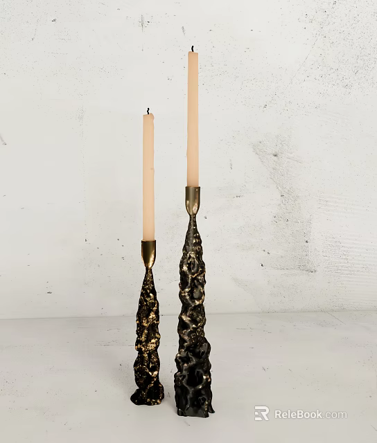 Decorative Gold And Black Candle Holders With White Candles On White Wall Background 3d model 