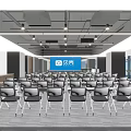 Modern Conference Room Interior Design Featuring Large Screen Neatly Arranged Chairs And Windows