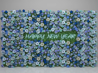 Floral Installation For New Year With Blue Purple White Flowers And Happy New Year Text 3d model