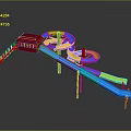 Colorful Playground Equipment With Blue Yellow Spiral Slides Red Platform And Stairs