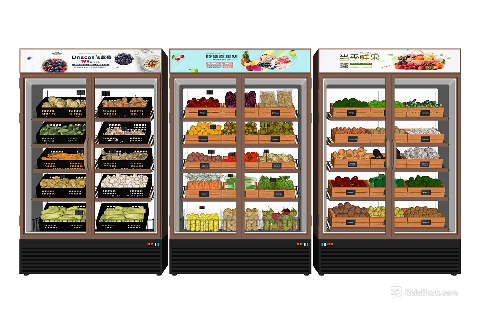 Commercial Display Refrigerators with Fresh Fruits Vegetables Multiple Shelves and Transparent Doors for Supermarket 3d model 