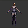Futuristic Female Character With Orange Hair Blue Cap Purple Armor And Black Outfit