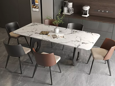 Modern Dining Table Set With Marble Top And Black Brown Upholstered Chairs Potted Plant 3d model