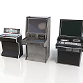 Three Vintage Electronic Computing Machines With Display Screens And Keyboards