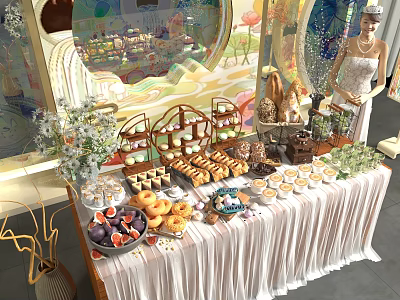 Assorted Desserts Fresh Fruit Platters And Bread Displays On Elegant Decorated Table With Flowers 3d model