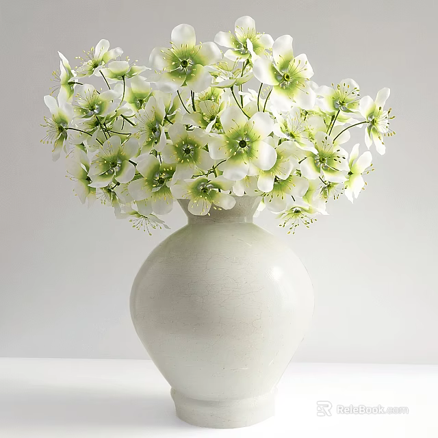 White Ceramic Vase With Fresh White And Green Flowers On White Background 3d model 