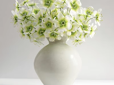 White Ceramic Vase With Fresh White And Green Flowers On White Background 3d model
