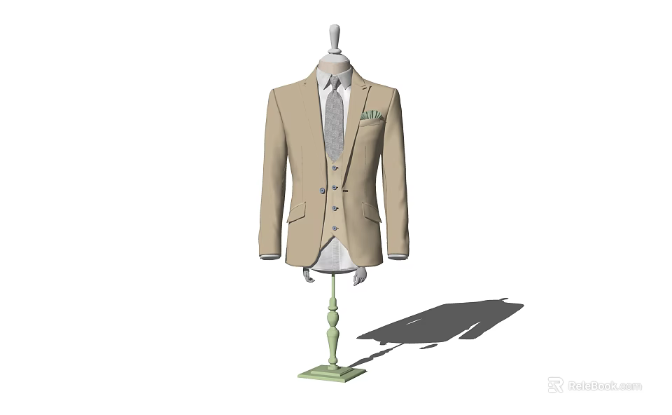 Beige Formal Suit On Green Mannequin With Gray Tie And Green Pocket Square 3d model 