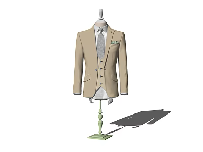 Beige Formal Suit On Green Mannequin With Gray Tie And Green Pocket Square 3d model