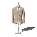 Beige Formal Suit On Green Mannequin With Gray Tie And Green Pocket Square