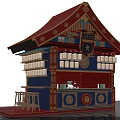 Traditional Style Commercial Food Kiosk With Red Roof Decorative Patterns Food Sign And Counter Stools