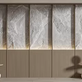 Modern Bed Accent Wall With Stone Wood Panels And Lighting 3d model