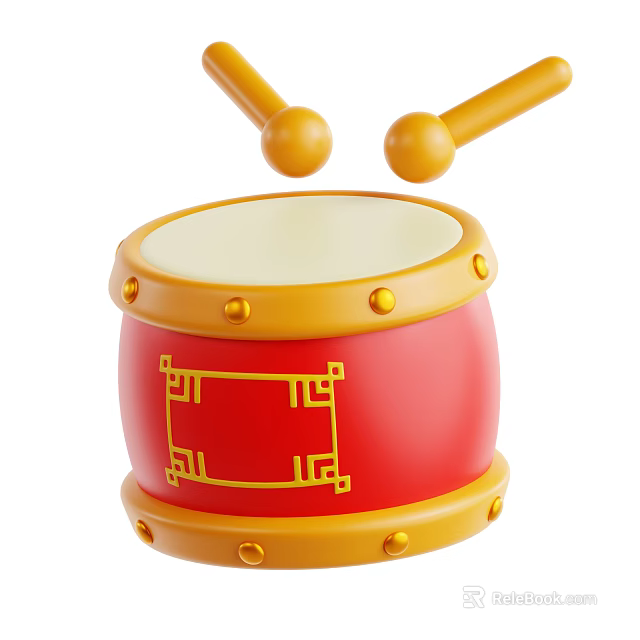Red Drum Decorative Ornament Set with Yellow Accents and Hanging Drumsticks 3d model 