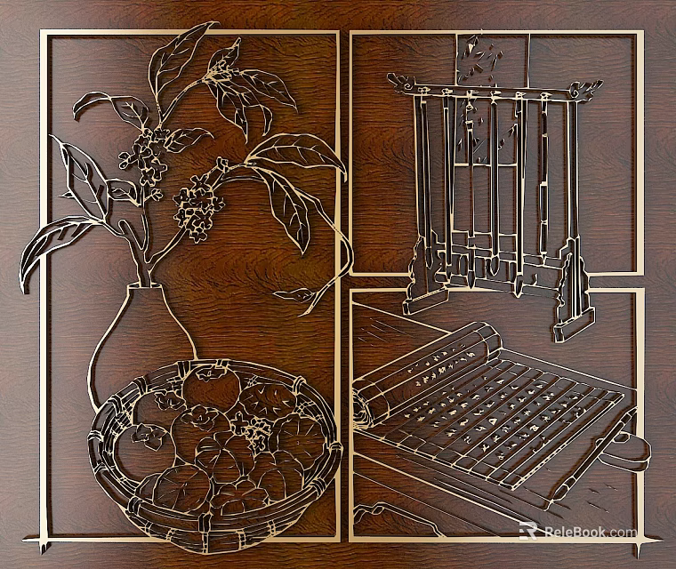 Intricate Wooden Carvings With Vase Leaves Birdcage And Tray Design Elements 3d model 