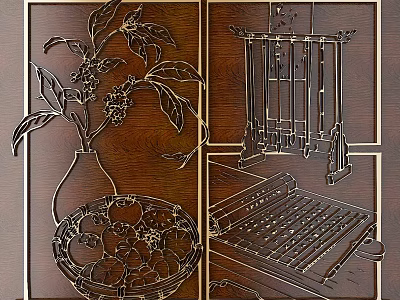 Intricate Wooden Carvings With Vase Leaves Birdcage And Tray Design Elements 3d model
