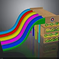 Wooden Playground Slide Structure with Wavy Colorful Slide Green Accents and Circular Holes Design