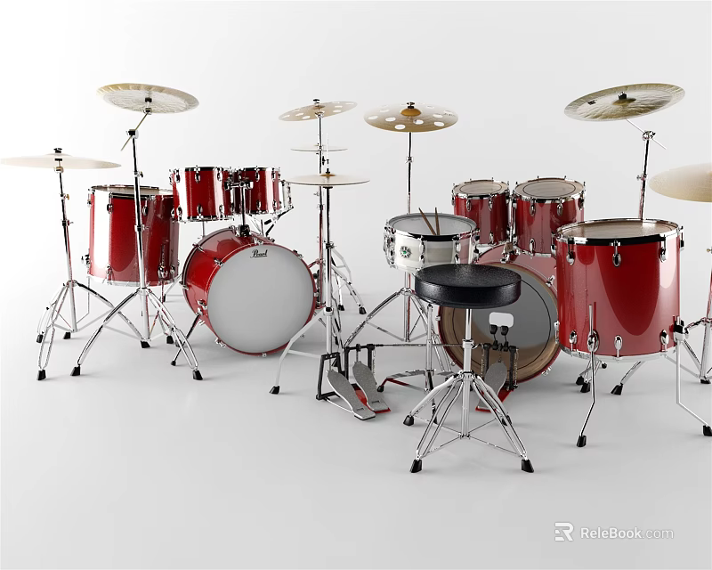 Complete Red Drum Set with Cymbals Drum Stool and Metal Stands for Musical Performance 3d model 