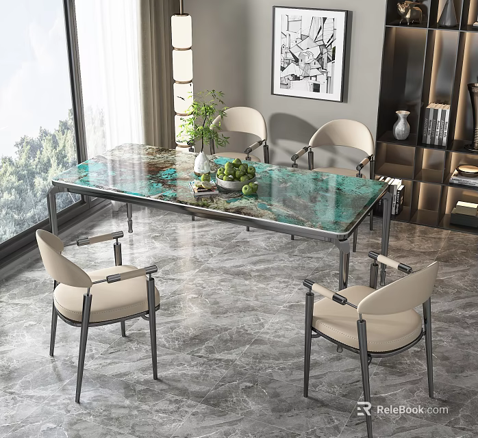 Modern Dining Table Set With Green Glass Top Four Beige Metal Leg Chairs And Large Windows 3d model 