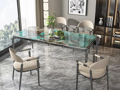 Modern Dining Table Set With Green Glass Top Four Beige Metal Leg Chairs And Large Windows 3d model