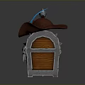 Pirate Themed Treasure Chest With Skull Emblem Curved Sword And Feathered Hat