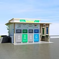Outdoor Waste Sorting Kiosk With Multiple Category Bins Signage And Green Plants
