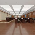 Modern Conference Room Interior With Long Wooden Tables Black Chairs Large Screens And Ceiling Lights