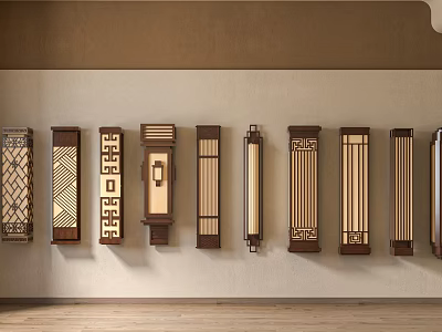 Traditional Chinese Design Wall Sconces Featuring Various Lattice Details And Wooden Frames Mounted On Wall 3d model