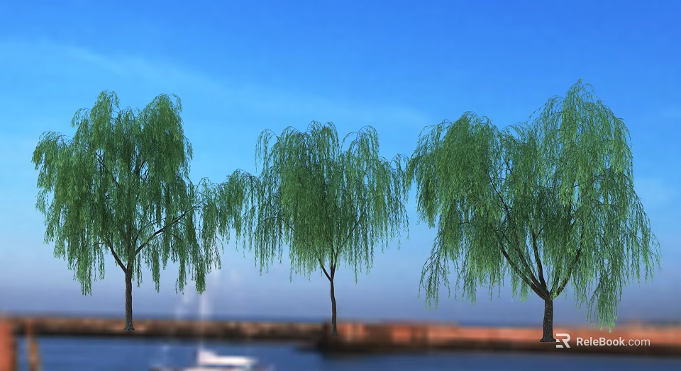 Willow Trees in Scenic Landscape With Blue Sky Water Surface and Distant Boat 3d model 