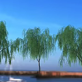 Willow Trees in Scenic Landscape With Blue Sky Water Surface and Distant Boat