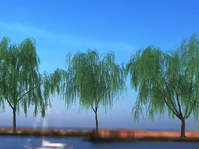 Willow Trees in Scenic Landscape With Blue Sky Water Surface and Distant Boat 3d model