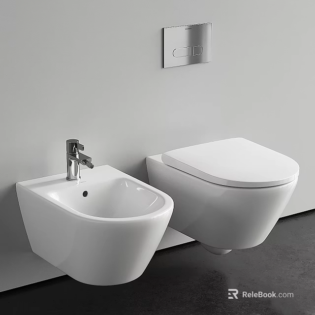 Modern White Wall Mounted Toilet In Bathroom With Bidet And Faucet 3d model 