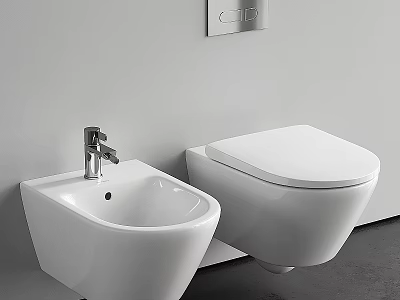 Modern White Wall Mounted Toilet In Bathroom With Bidet And Faucet 3d model