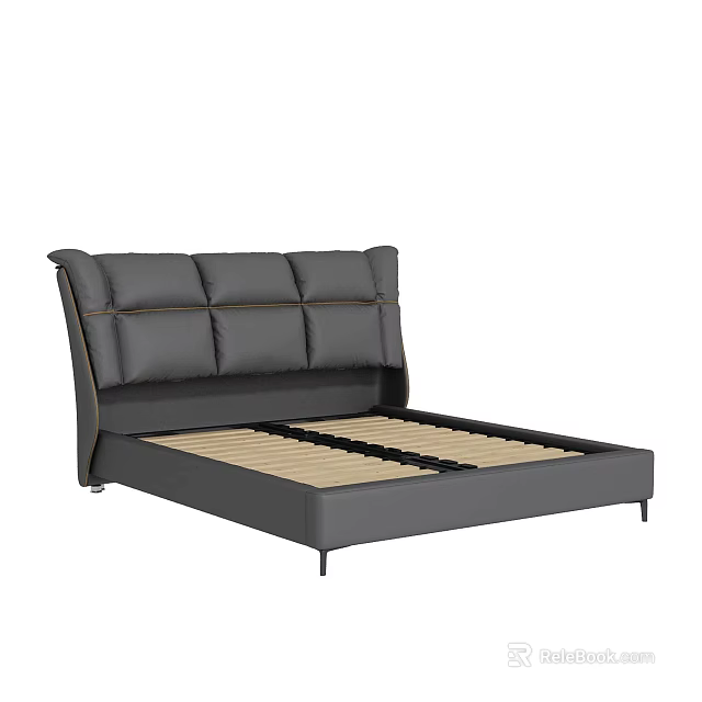 Modern Grey Upholstered Double Bed with Padded Panel Headboard Sturdy Frame and Wooden Slats 3d model 
