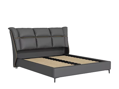 Modern Grey Upholstered Double Bed with Padded Panel Headboard Sturdy Frame and Wooden Slats 3d model