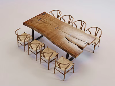 Rustic Wooden Dining Table Set With Rectangular Tabletop And Six Chairs 3d model