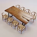 Rustic Wooden Dining Table Set With Rectangular Tabletop And Six Chairs 3d model